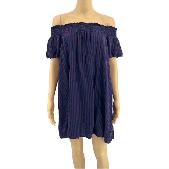 Cooperative MEDIUM Purple Blue Striped Off Shoulder Shift Mini Dress - Picture 1 of 7